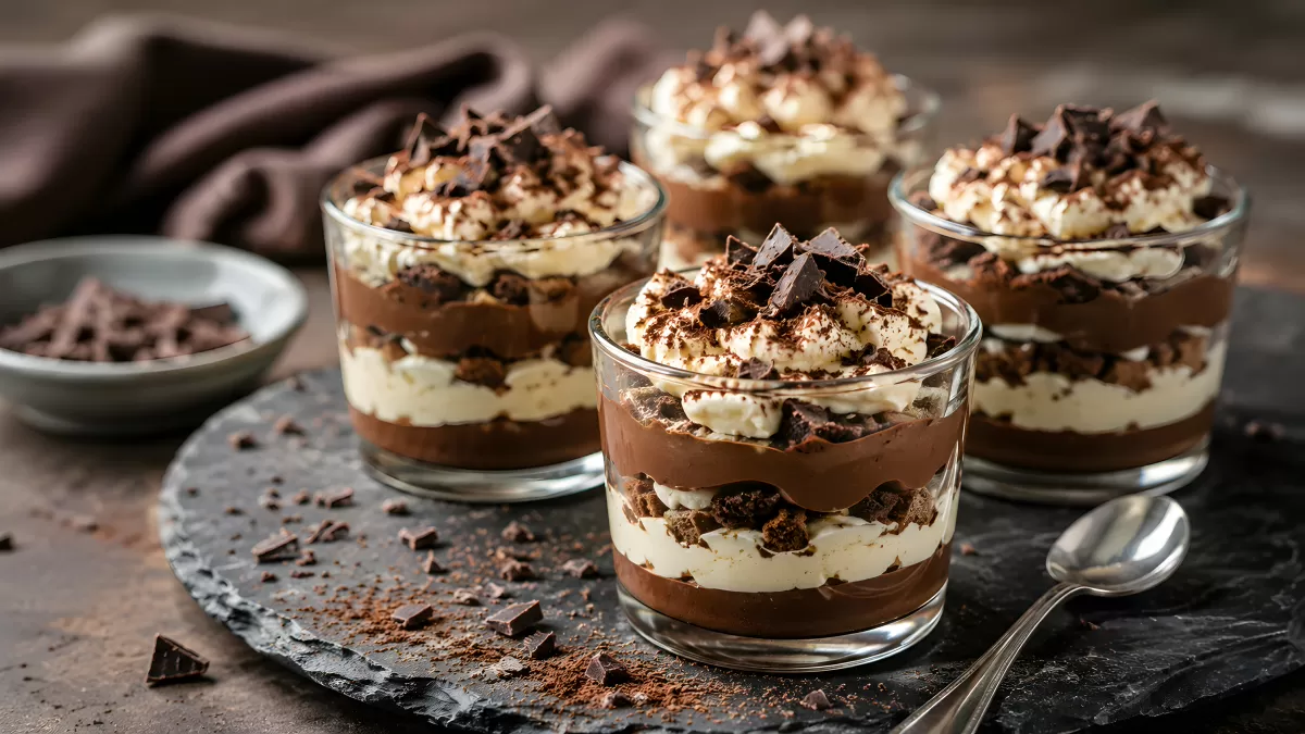 Schokoladen-Trifle im Glas mit Sahne und Kakao