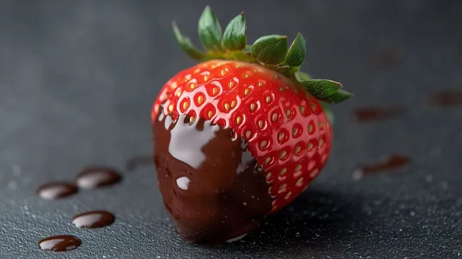 Schokoladen-überzogene Erdbeere auf dunklem Hintergrund
