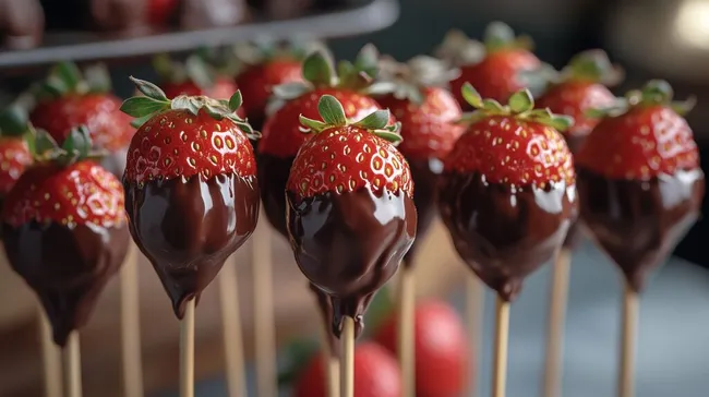 Schokoladen-umhüllte Erdbeeren auf Stäbchen