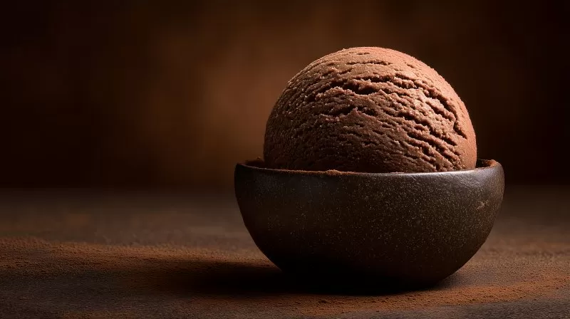 Schokoladeneis in schwarzer Schale vor braunem Hintergrund