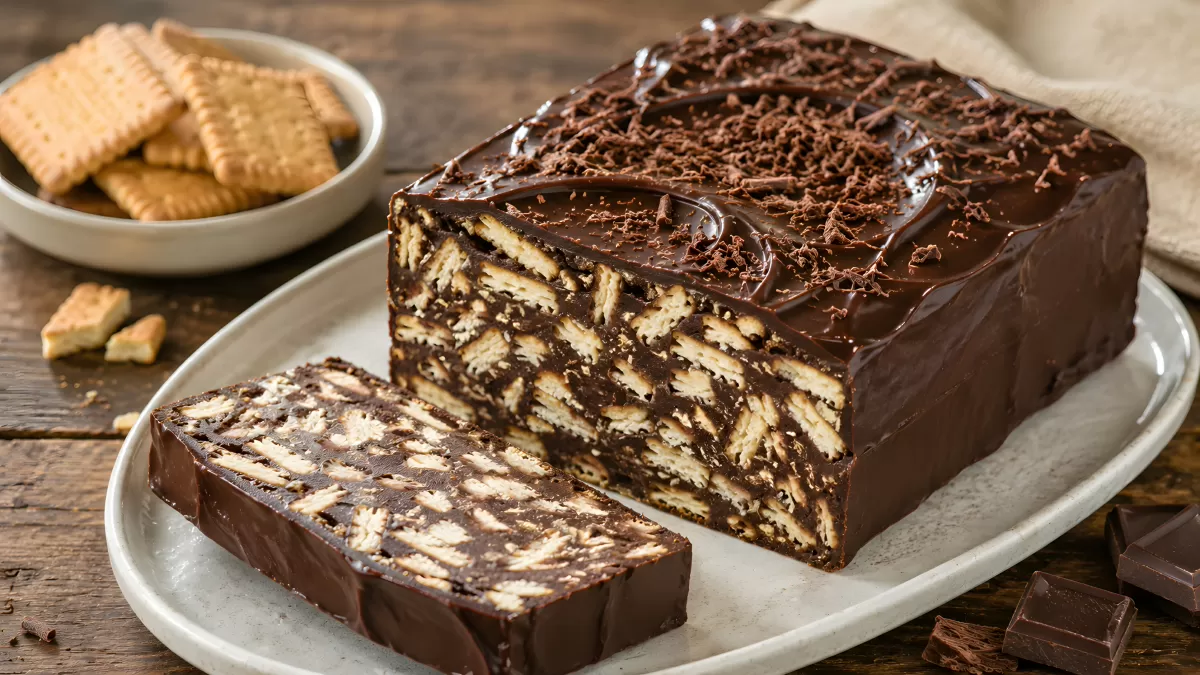 Schokoladenkuchen mit Butterkeksen aufgeschnitten