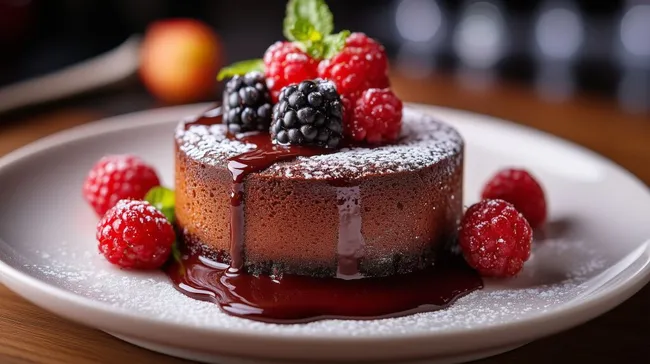 Schokoladenkuchen mit Früchten und Glasur