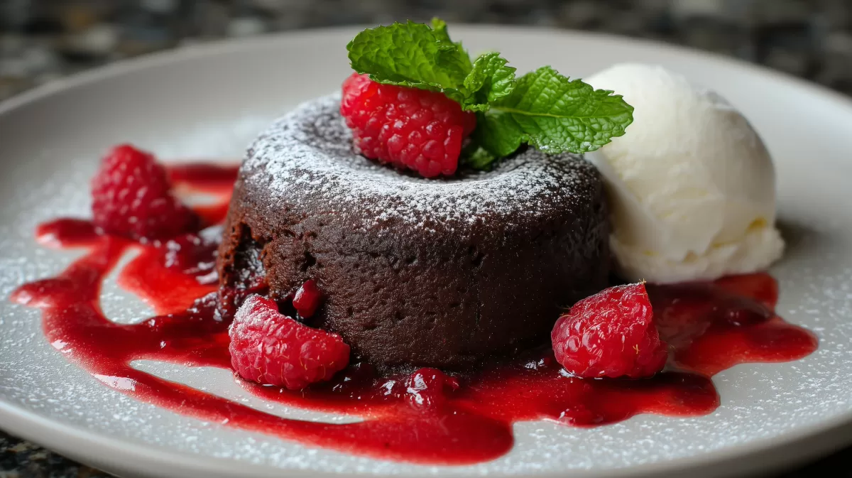 Schokoladenkuchen mit Himbeercoulis und Vanilleeis