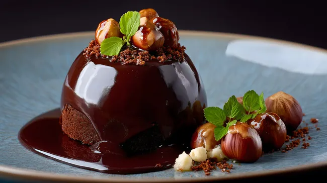 Schokoladenkuchen mit Nüssen und Glasur auf modernem Teller