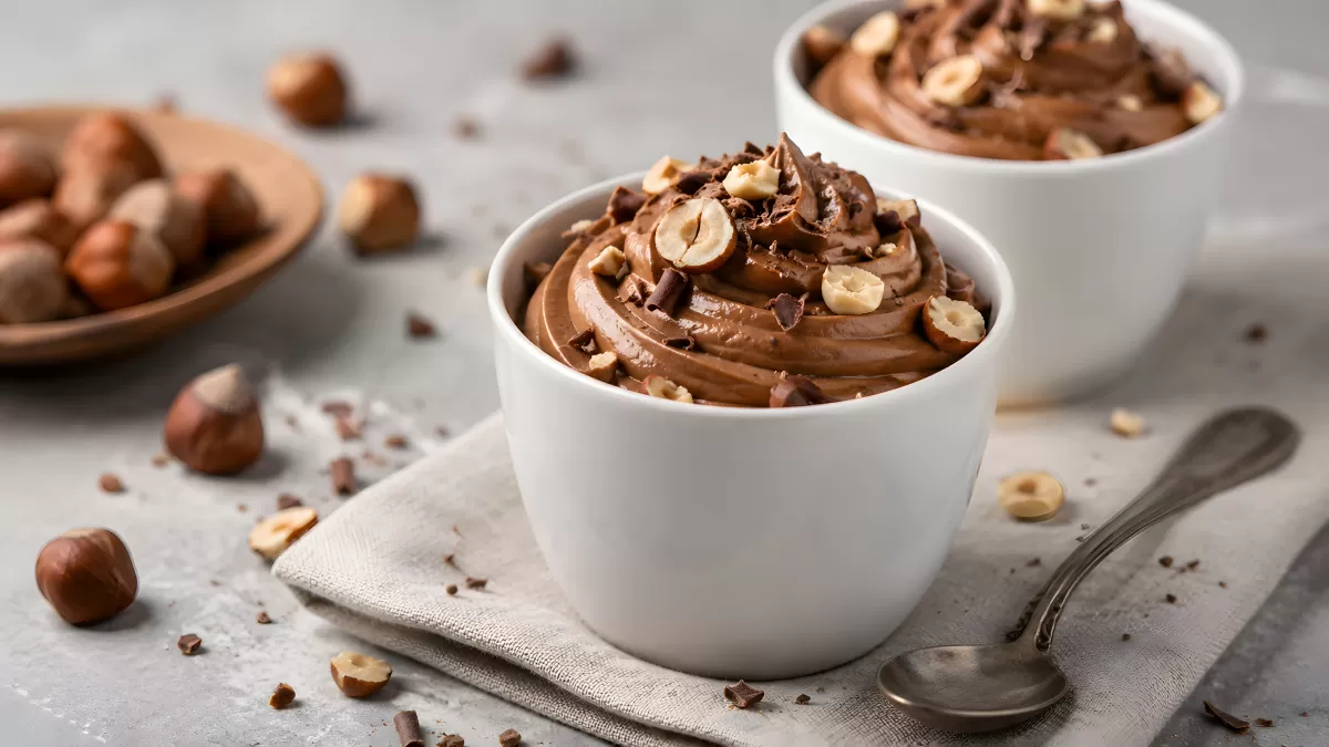 Schokoladenmousse mit Haselnüssen in weißen Schälchen