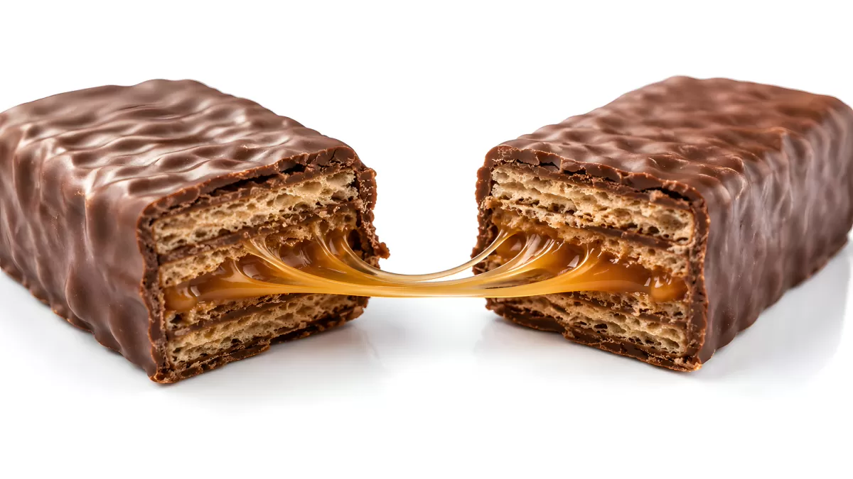 Schokoladenriegel mit Karamell und Keks aufgebrochen