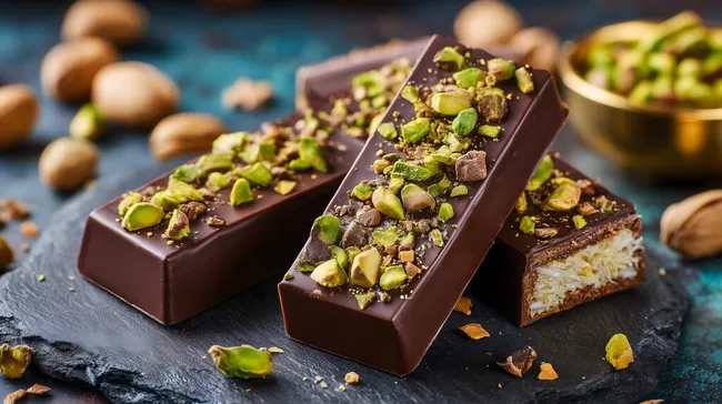 Schokoladenriegel mit Pistazien auf dunklem Stein