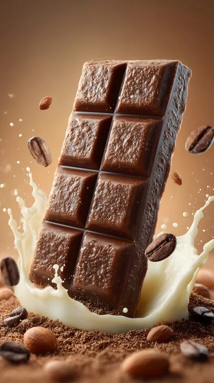 Schokoladentafel mit Milchspritzern und Kakaobohnen