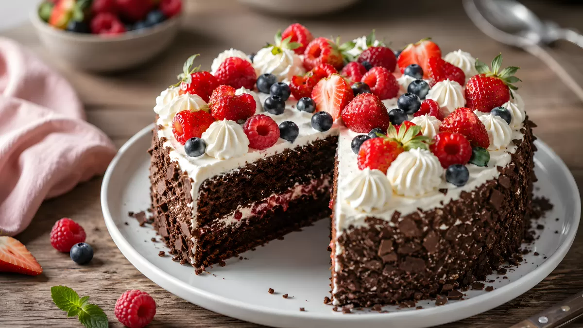Schokoladentorte mit Beeren und Sahne angeschnitten