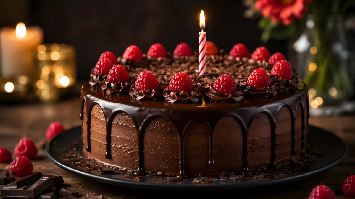 Schokoladentorte mit Himbeeren und Geburtstagskerze