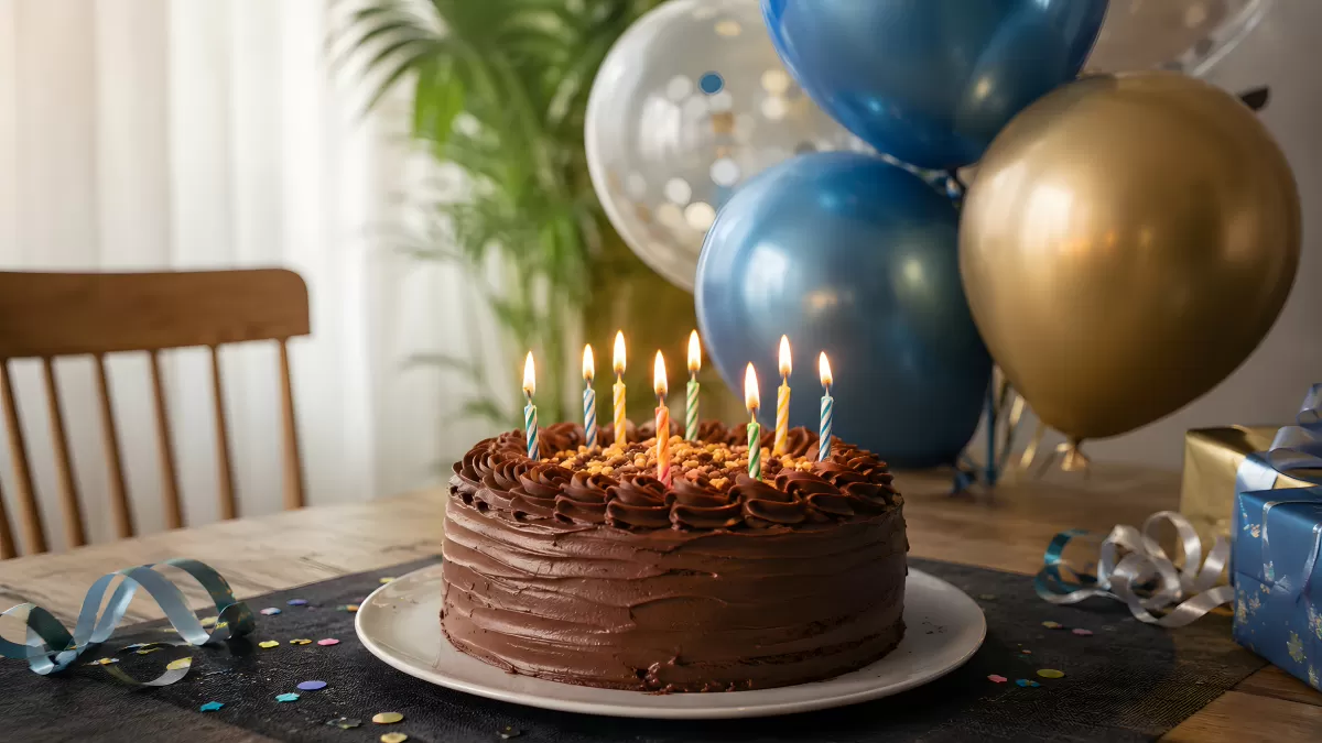 Schokoladentorte mit Kerzen und Luftballons zum Geburtstag