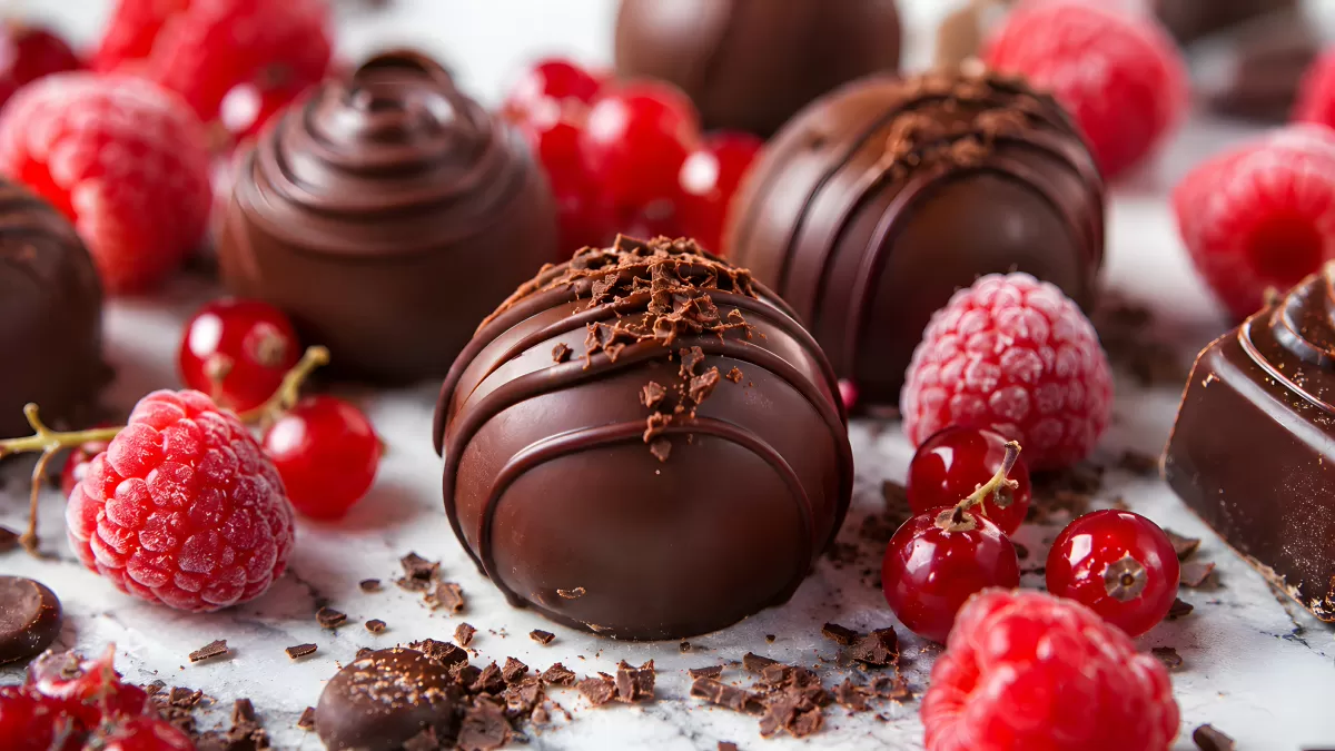Schokoladentrüffel mit Himbeeren und roten Johannisbeeren — Bild kostenlos herunterladen