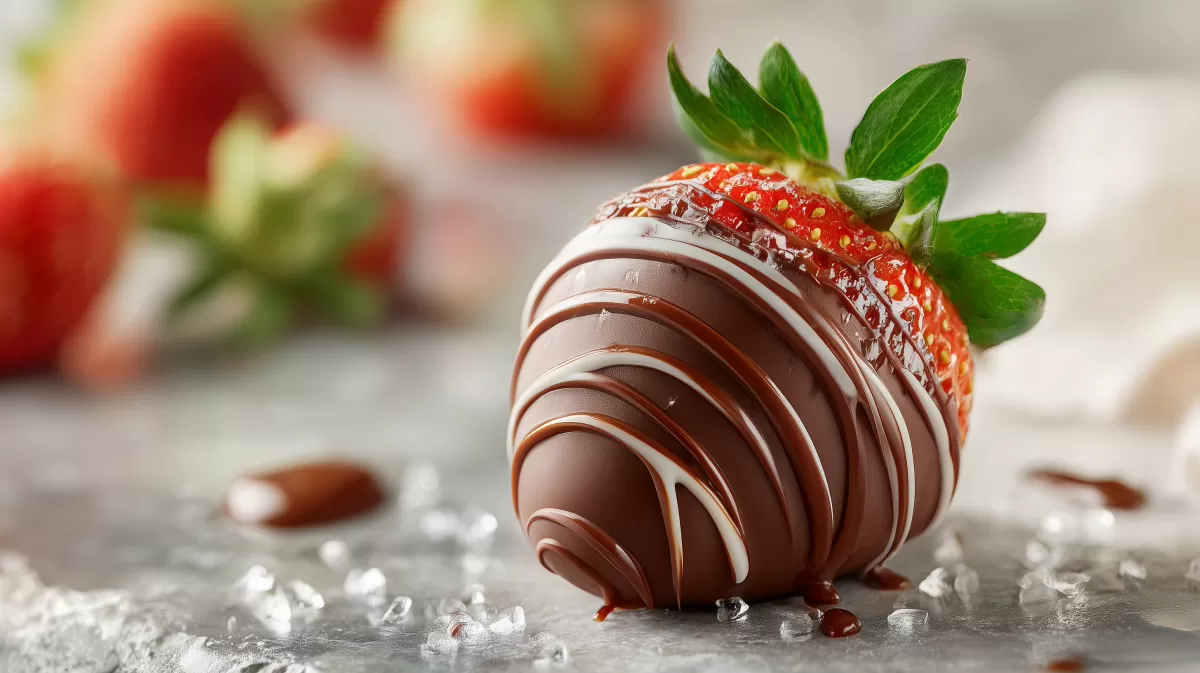 Schokoladenüberzogene Erdbeere mit Minzeblättern