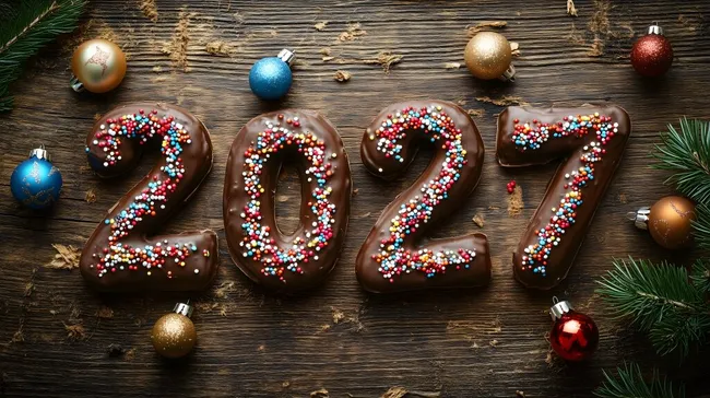 Schokoladenüberzogene Zahlen 2027 mit Weihnachtsdekor