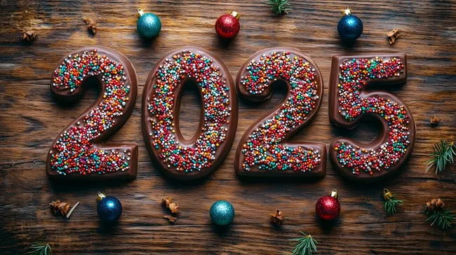Schokoladenzahlen 2025 mit bunten Streusel auf Holztisch
