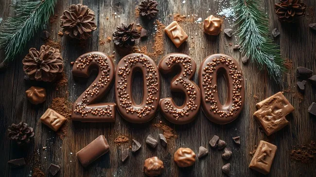 Schokoladenziffern 2030 mit festlichen Tannenzweigen