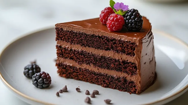 Schokoladiger Kuchen mit Beeren und Blüten