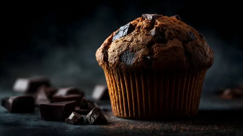 Schokomuffin mit Schokostücken auf dunklem Hintergrund