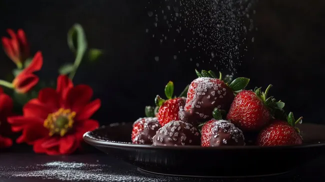 Schokoüberzogene Erdbeeren mit Puderzucker