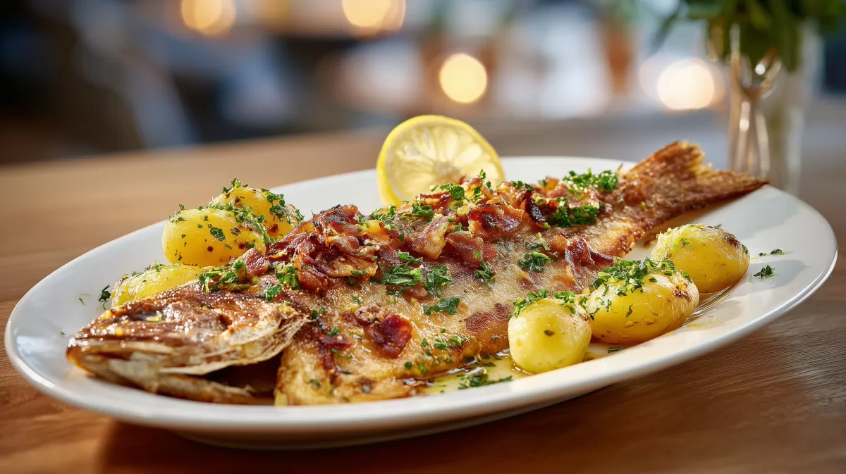 Scholle gebraten mit Speck foo auf Servierteller