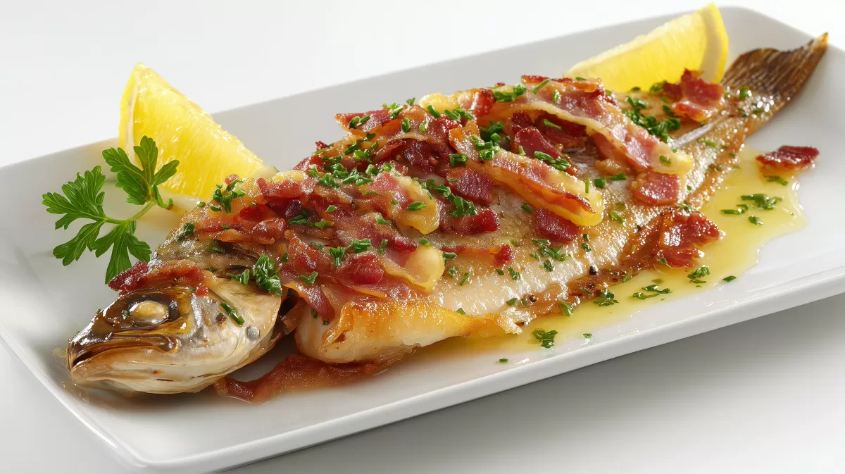 Scholle gebraten mit Speck foo auf weißem Teller