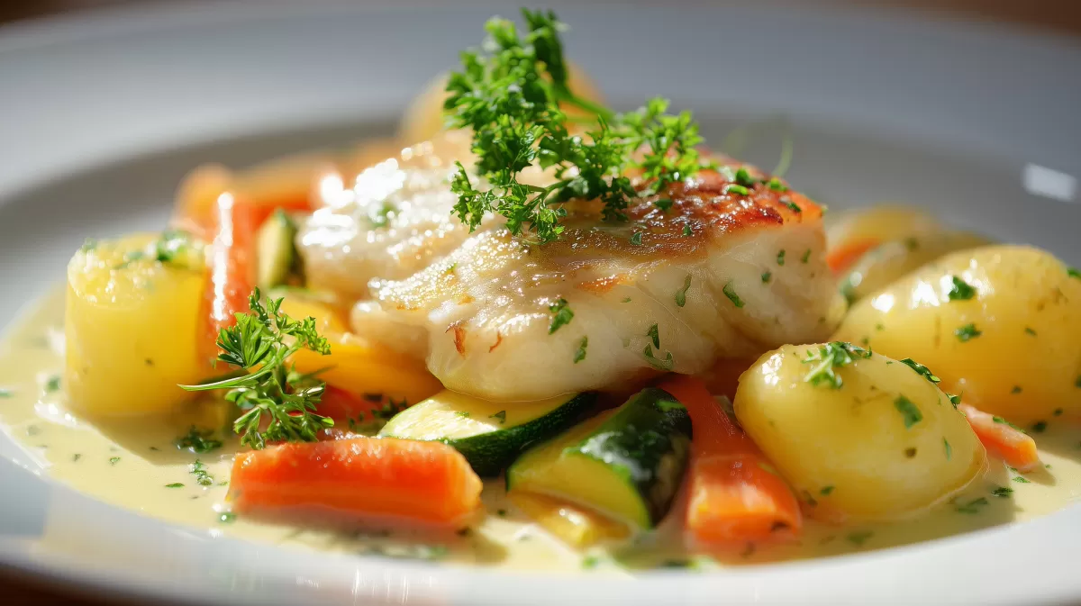 Schollenfilet in Sekt-Sahne-Soße mit Gemüse
