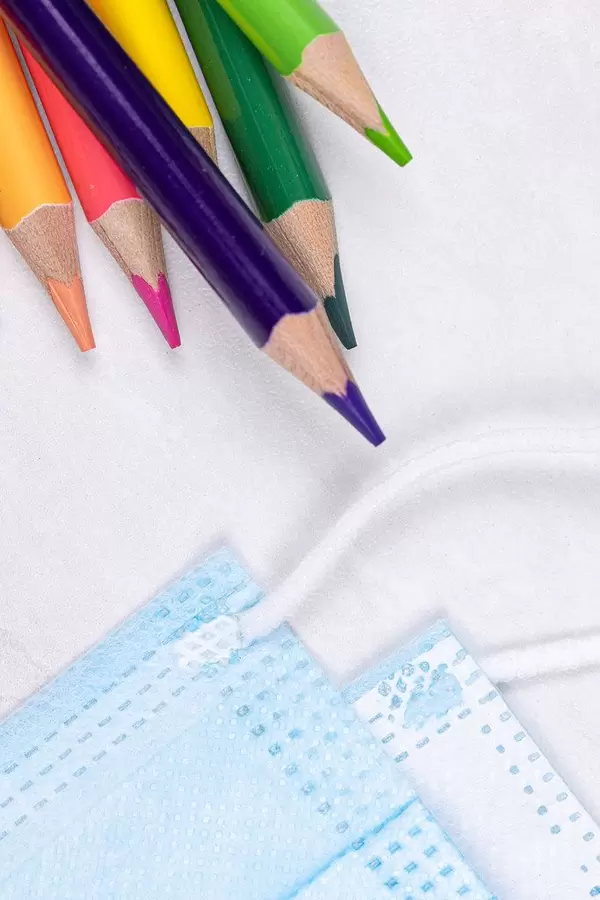 School time with wooden pencils and surgical masks