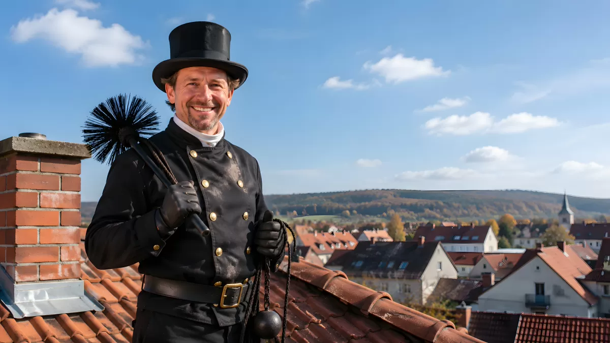 Schornsteinfeger auf Dach mit Kehrbesteck und Zylinder