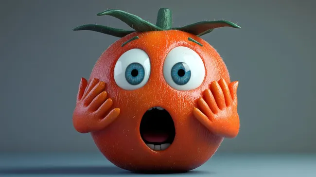 Schreckhafte Tomate mit weit aufgerissenen Augen und Händen