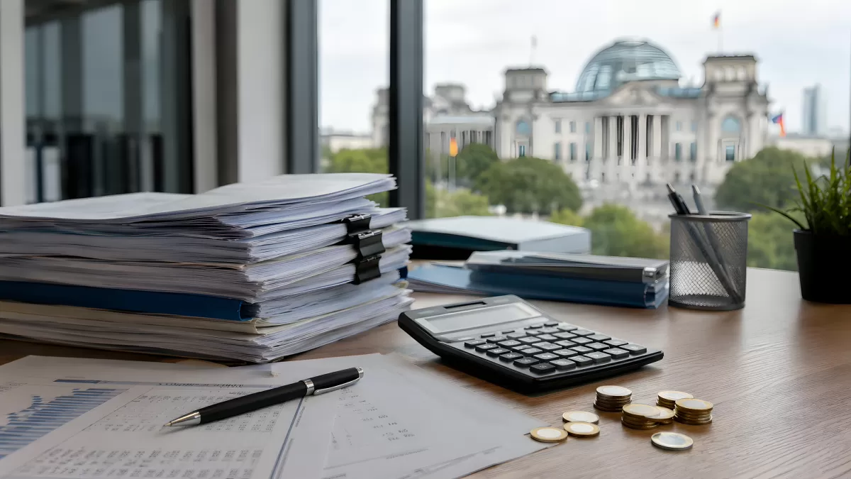 Schreibtisch mit Akten, Taschenrechner und Reichstag