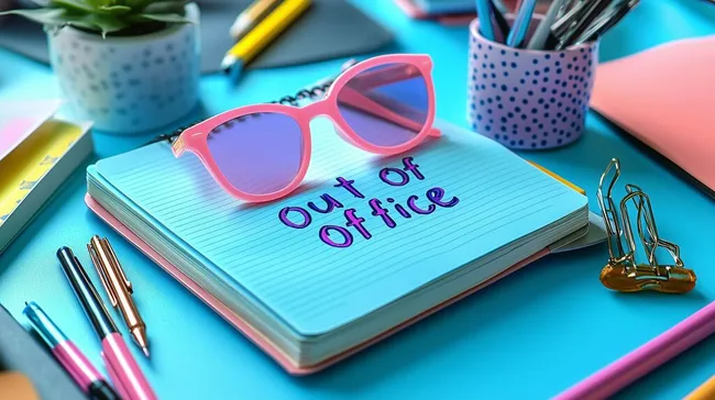 Schreibtisch mit Notizbuch, Schreibwaren und Sonnenbrillen