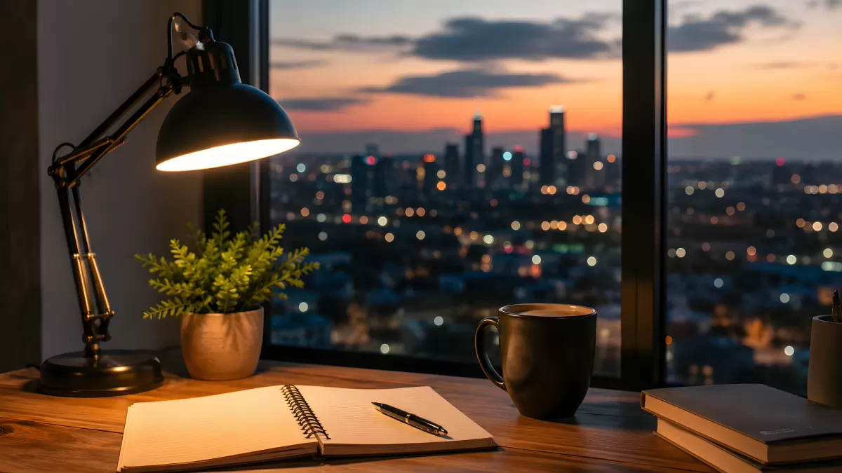 Schreibtisch mit Notizbuch und Kaffee vor Stadtpanorama