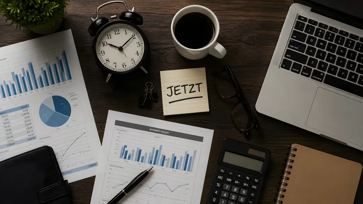 Schreibtisch mit Uhr, Kaffee und Notiz Jetzt