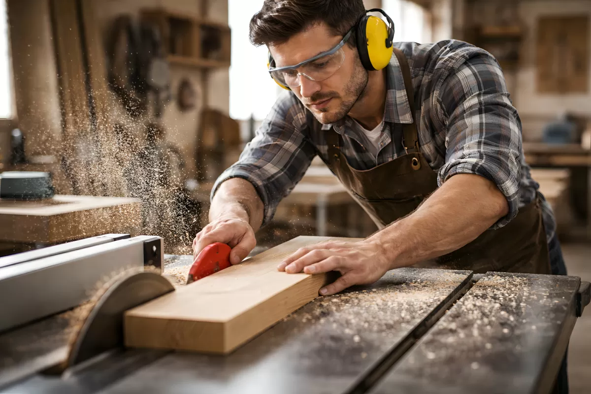 Schreiner arbeitet konzentriert an der Tischkreissäge