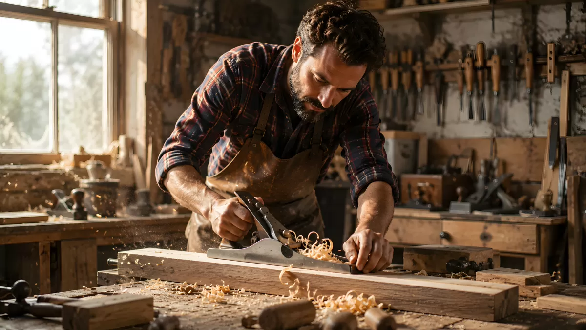 Schreiner hobelt Holzbalken in rustikaler Werkstatt