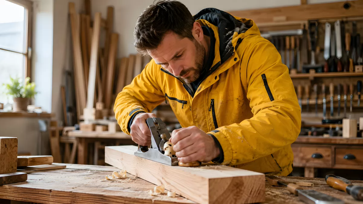 Schreiner hobelt Holzbalken in seiner Werkstatt