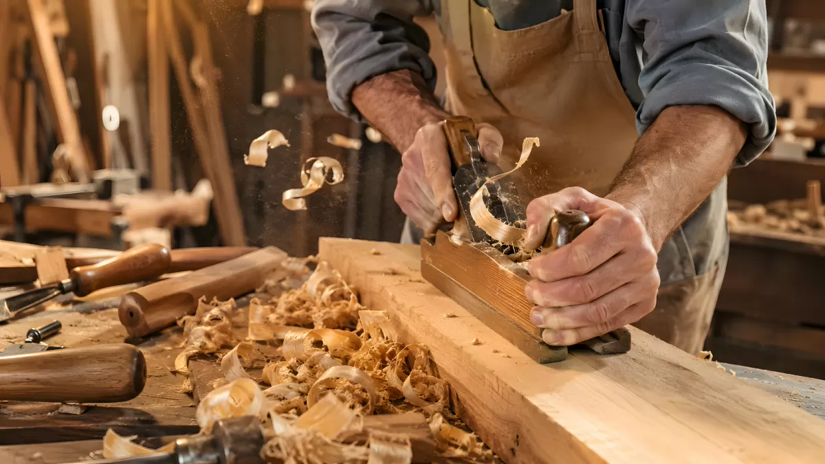 Schreiner hobelt Holzbrett in rustikaler Werkstatt