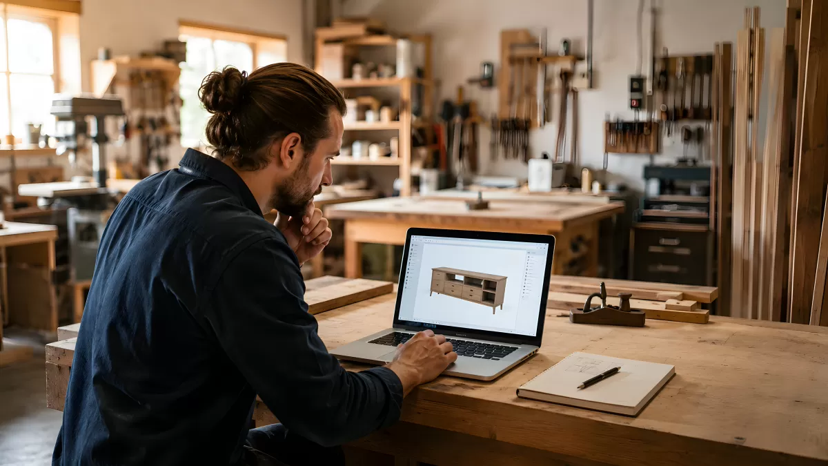Schreiner plant Möbeldesign am Laptop in Holzwerkstatt