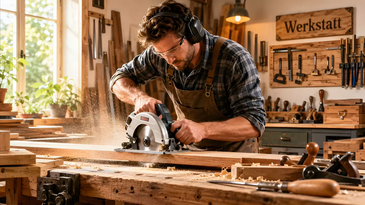 Schreiner sägt Holzbalken in rustikaler Werkstatt