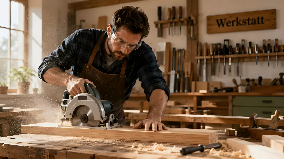 Schreiner schneidet Holz mit Kreissäge in Werkstatt