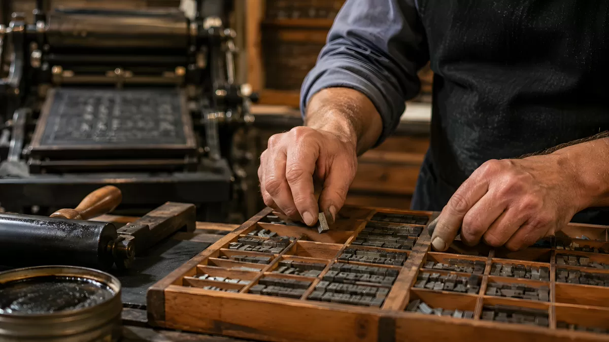 Schriftsetzer ordnet Bleibuchstaben im Druckerei-Setzkasten