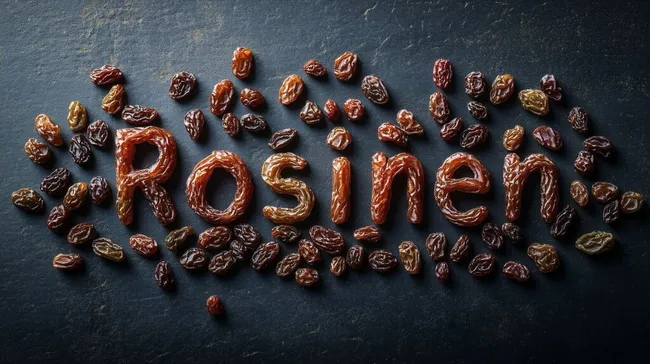 Schriftzug aus getrockneten Rosinen auf schwarzem Hintergrund