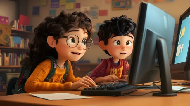 Schüler arbeiten gemeinsam am Computer in Klassenzimmer