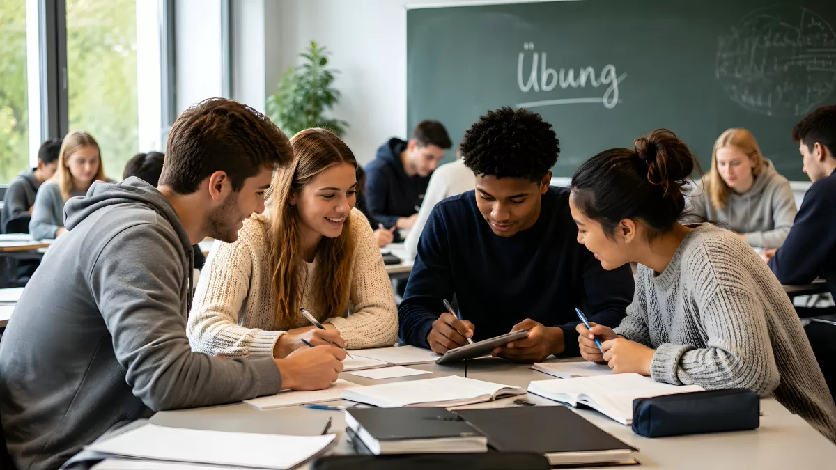 Schüler arbeiten gemeinsam an Aufgaben im Klassenraum