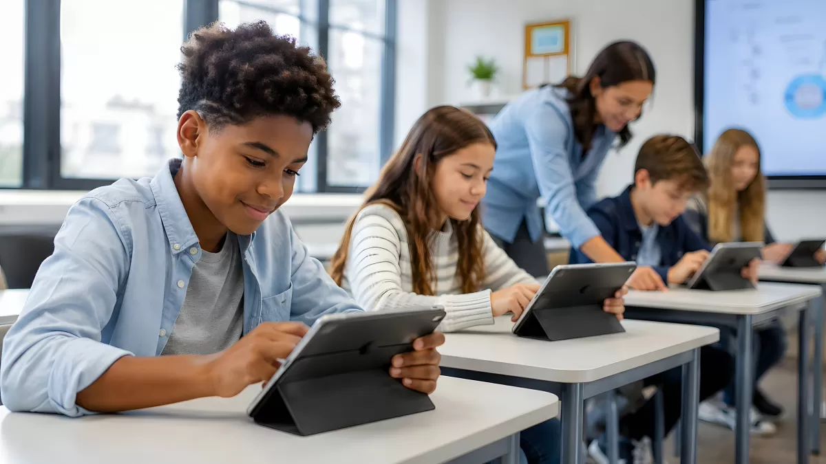 Schüler arbeiten mit Tablets im modernen Klassenzimmer