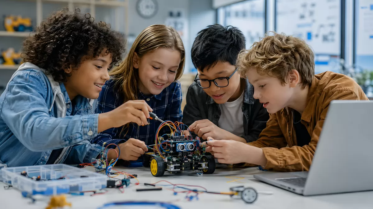 Schüler bauen gemeinsam einen Roboter im MINT-Unterricht