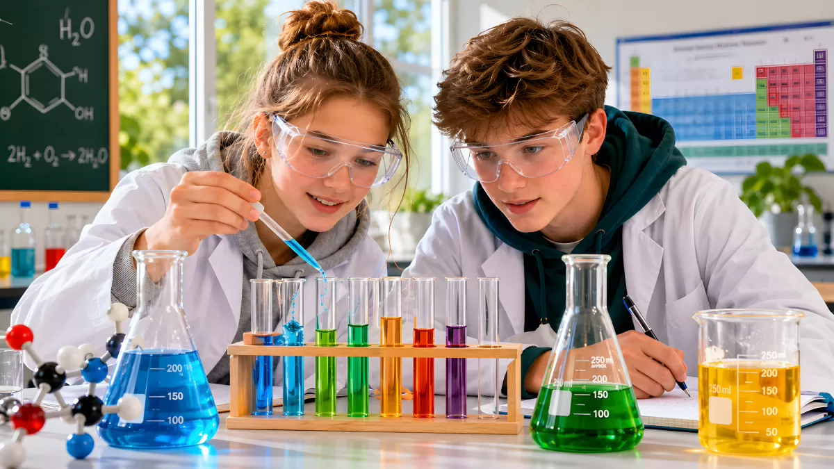 Schüler beim Chemieexperiment im Schullabor