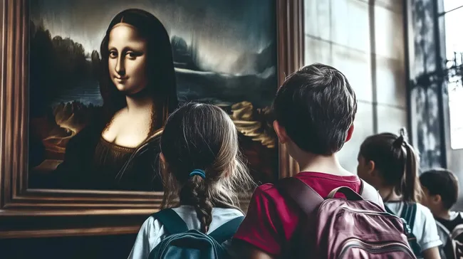 Schüler betrachten die weltberühmte Mona Lisa im Museum