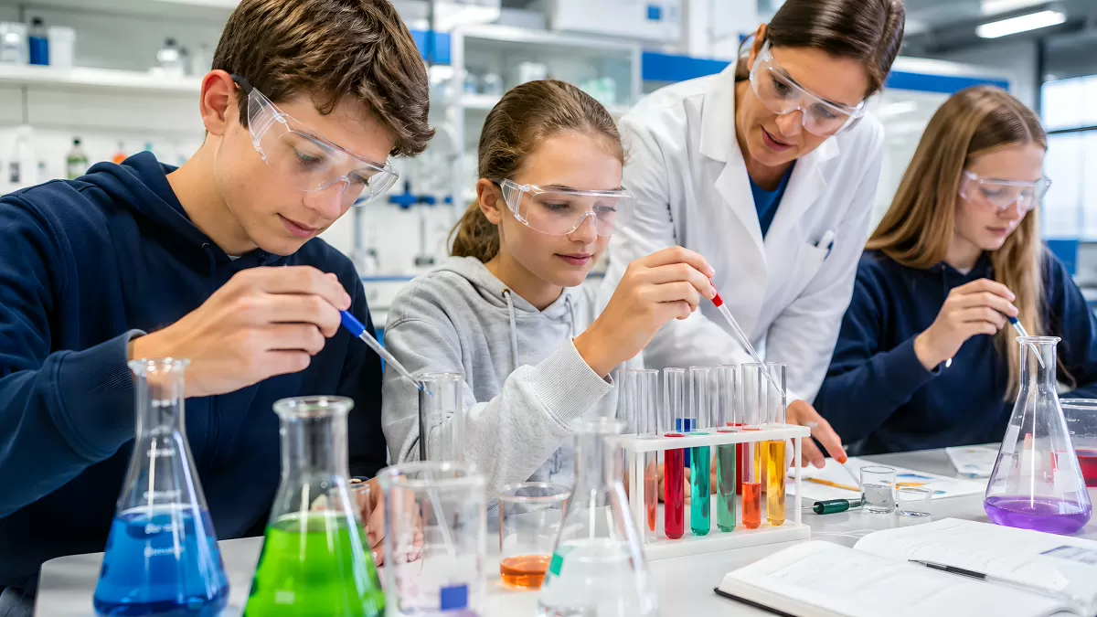 Schüler experimentieren mit Chemie im Labor