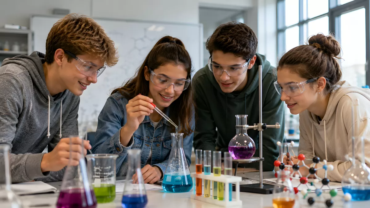 Schüler führen Chemieexperiment im Labor durch
